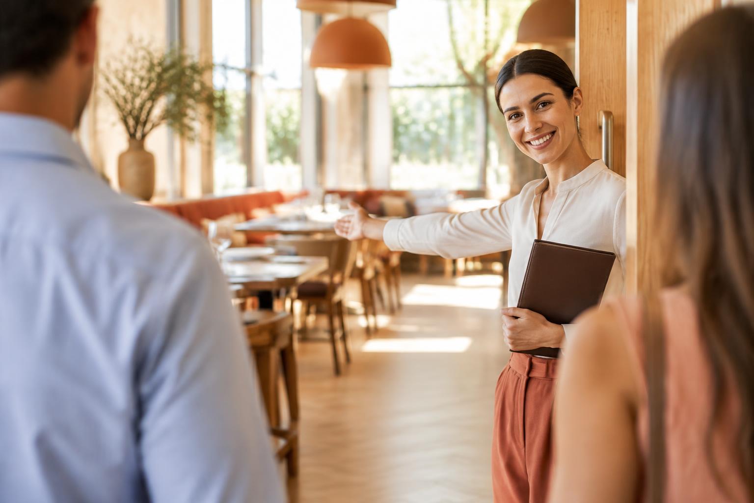 Een hostess verwelkomt gasten in een restaurant